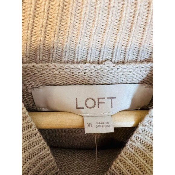 LOFT Striped Rib Trim Mock Neck Sweater Sz XL Preppy Academia Tan Red Cotton NWT - Picture 6 of 8